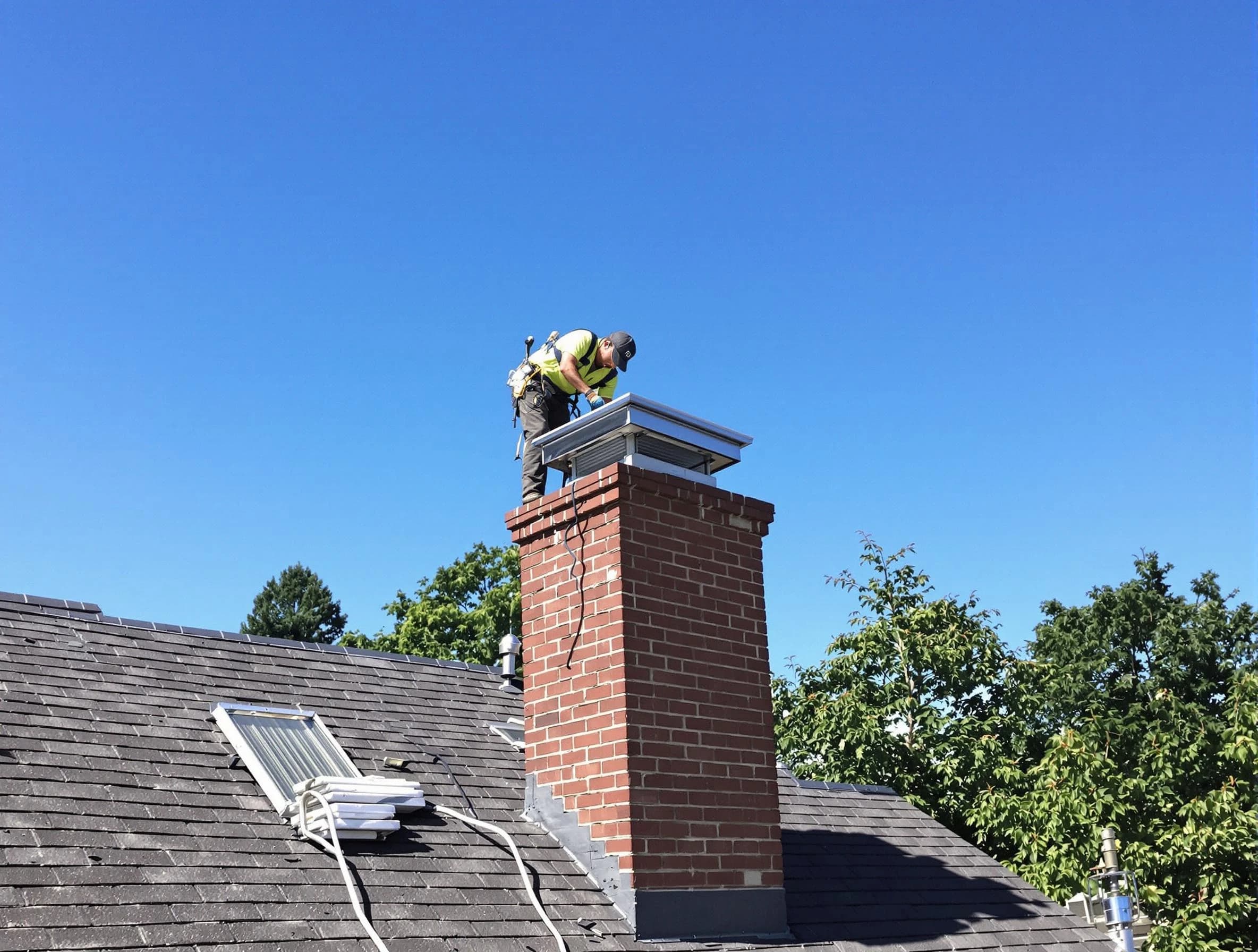 Conley Chimney Sweep technician measuring a chimney cap in Conley, GA